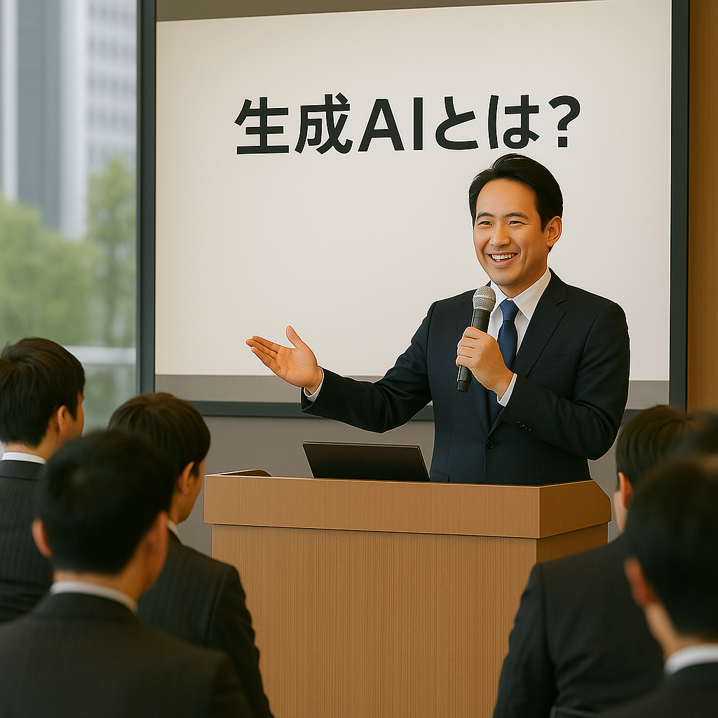 岐阜県関市発・全国対応の生成AIセミナー・講演会で、商工会議所や商工会、各種団体主催の法人向け研修に登壇中の日本人ビジネスコンサルタントが、木製演台の上でマイクを手に「生成AIとは？」と表示された大画面スライドを背景にしながら、ChatGPT、Gemini、Claudeなど最新の生成AIモデルを用いたデモンストレーションを通じて企業のDX推進、AI定着、業務効率化を実践的に解説し、社内リスキリング研修や伴走型顧問サービスによるROI向上とAI導入支援を全国対応で提供する専門家の様子を捉えた写真。
