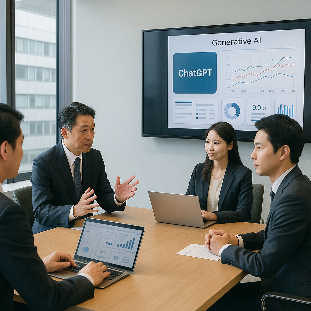 日本の企業の会議室で4名のビジネスパーソンがモダンなオフィス家具を囲み、壁掛けモニターには「生成AI」とタイトルの下にChatGPTロゴと業務効率化を示す折れ線グラフや円グラフ、パーセンテージ表示が映し出されている様子。黒のスーツを着た中年の男性講師が手を広げて説明を行い、対面の女性ともう一人の男性はノートパソコンを前に真剣な表情でモニターレビュー。大きな窓から差し込む自然光に照らされた清潔感あふれる空間は、生成AI顧問サービスや法人向けAI研修、プロンプト設計サポートのコンサルティングシーンを象徴しています。