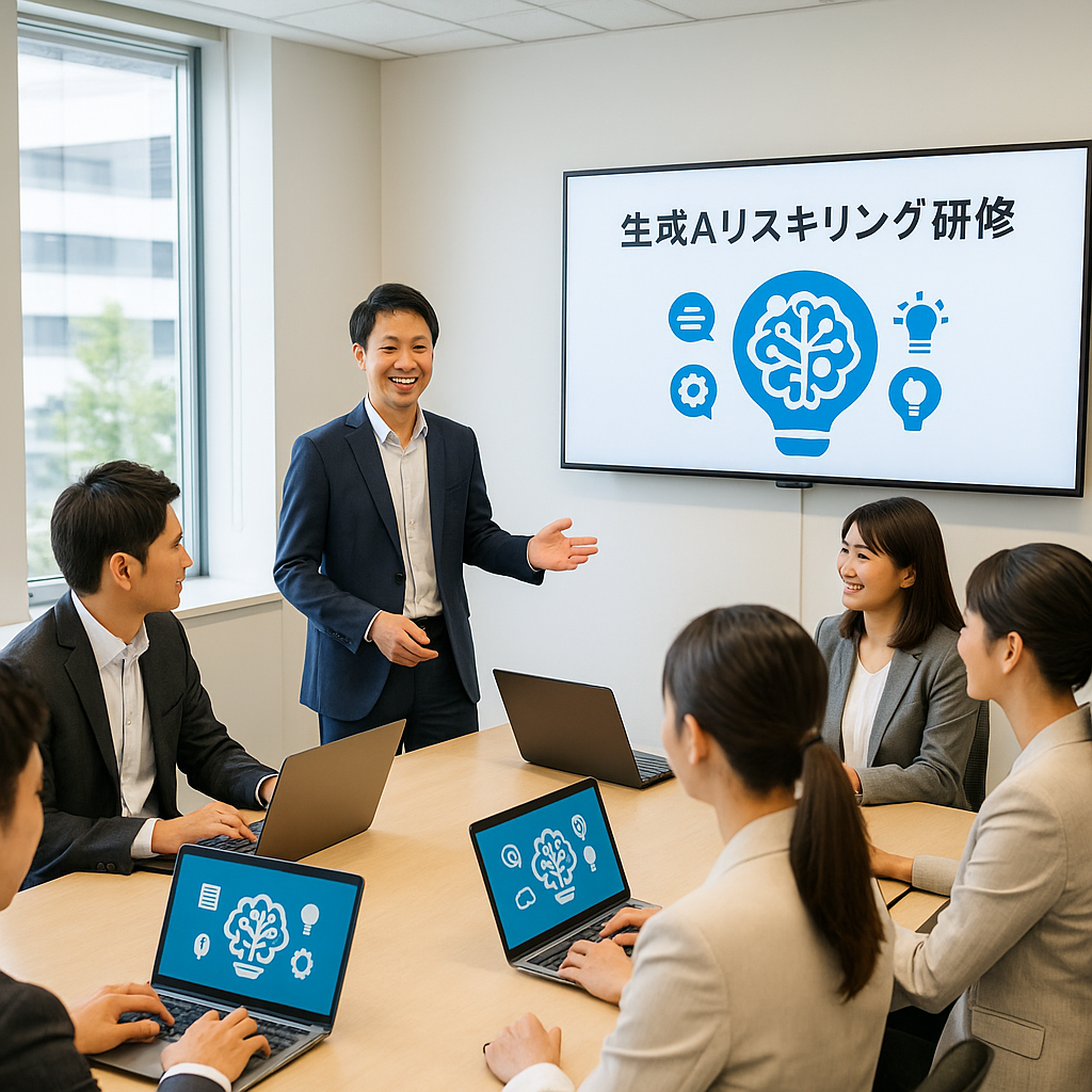 日本の法人研修の現場を再現した写真です。岐阜県関市拠点の講師がスーツ姿で「生成AIリスキリング研修」と書かれた大型モニターを使い、ChatGPT・Gemini・Claudeなど最新の生成AIモデルを用いた業務効率化手法を解説しています。参加者６名はビジネススーツでノートパソコンを囲み、実践的なプロンプト設計ワークショップに集中しており、窓からの自然光が差し込むモダンな会議室でDX推進を目的としたハンズオン研修の臨場感が伝わります。